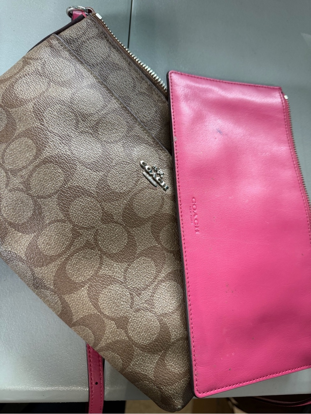 Coach East West Pop Signature Canvas Crossbody with Pink Leather Pouch